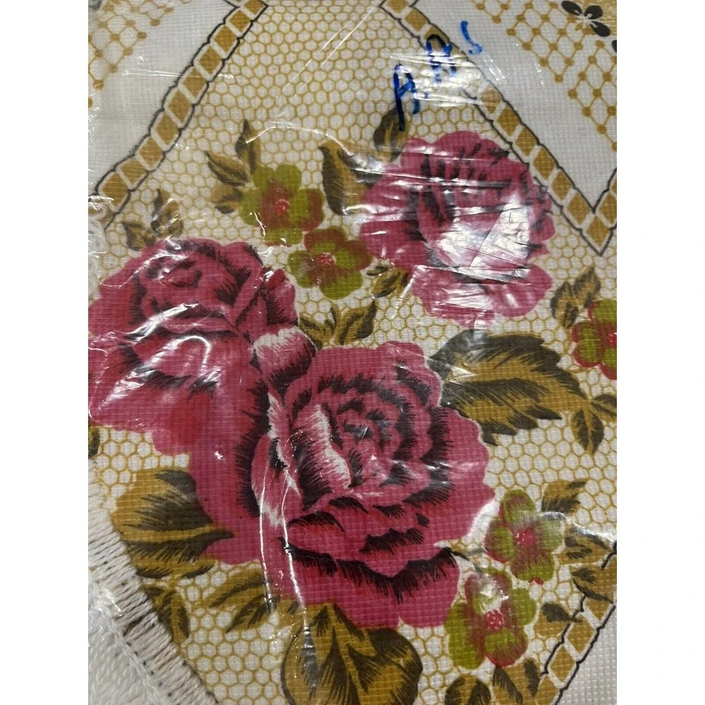 Bedspread Tapestry Pink Roses Gold Floral‎ Cover Fringe Double Vintage NOS